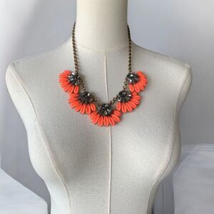 JCrew Statement Y2K Rhinestone Enamel Necklace Brass Coral Orange Floral Petals